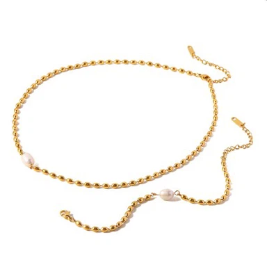 Pearl And Gold Bead Necklace Bracelet Set