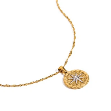 Stainless Steel Compass Necklace Gold Plated