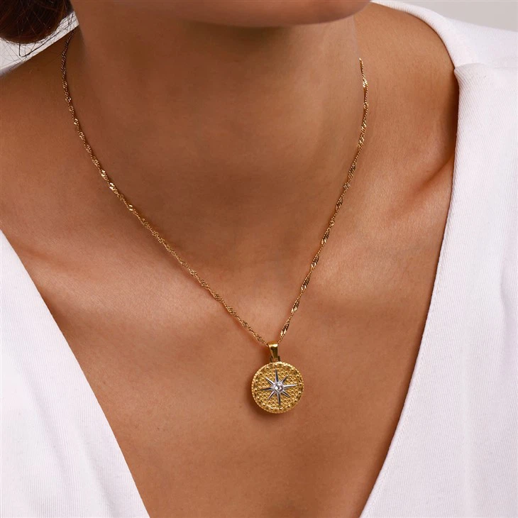 Stainless Steel Compass Necklace Gold Plated
