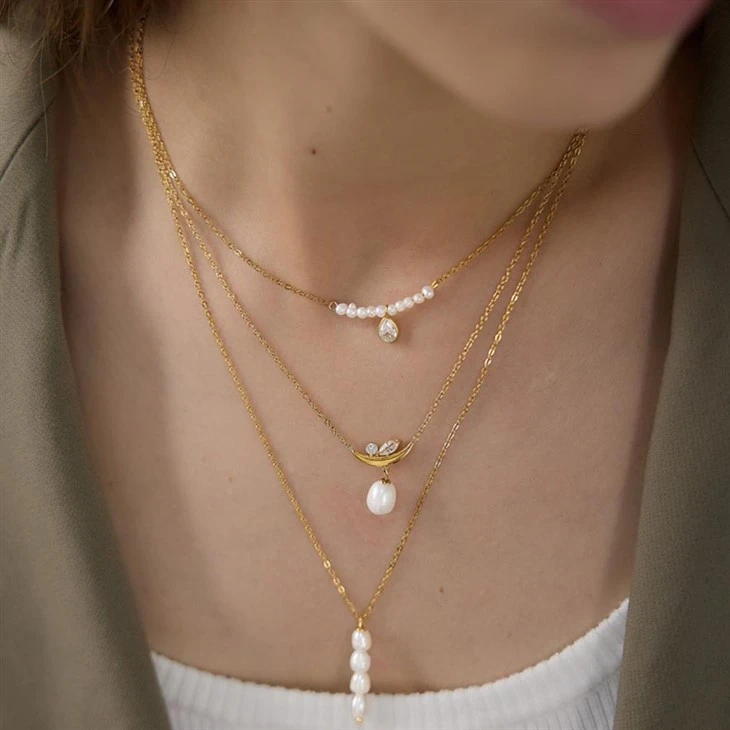 Crescent Moon CZ Pearl Necklace