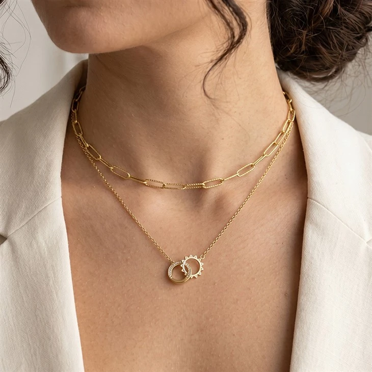 Interlocked Sun Double Ring Necklace