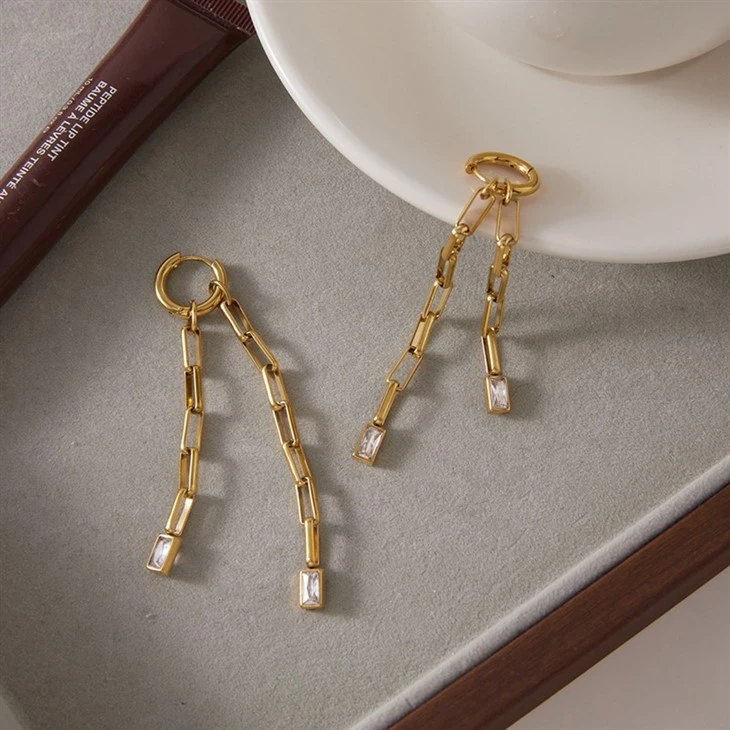 Long Chain Drop CZ Huggie Earrings high quality