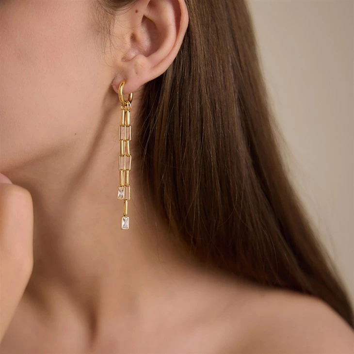 Long Chain Drop CZ Huggie Earrings