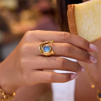 Blue Resin Stainless Steel Horseshoe Ring