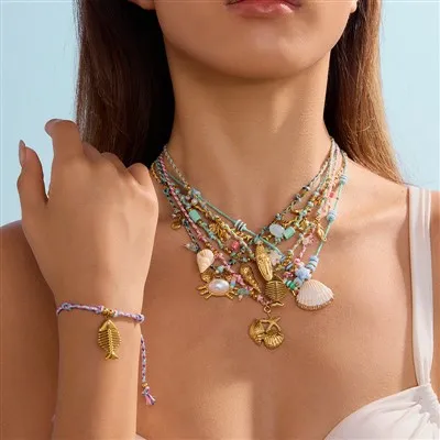 Ocean Charm Braided Cord Layered Necklace