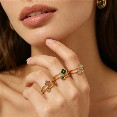 Triple Band Four Petal CZ Ring