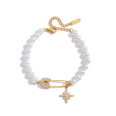Zircon Safety Pin Pearl Bracelet