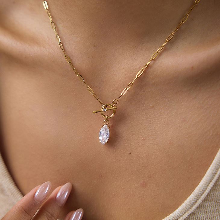 Teardrop CZ OT Toggle Paperclip Chain Necklace