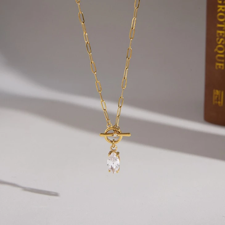 Teardrop CZ OT Toggle Paperclip Chain Necklace factory