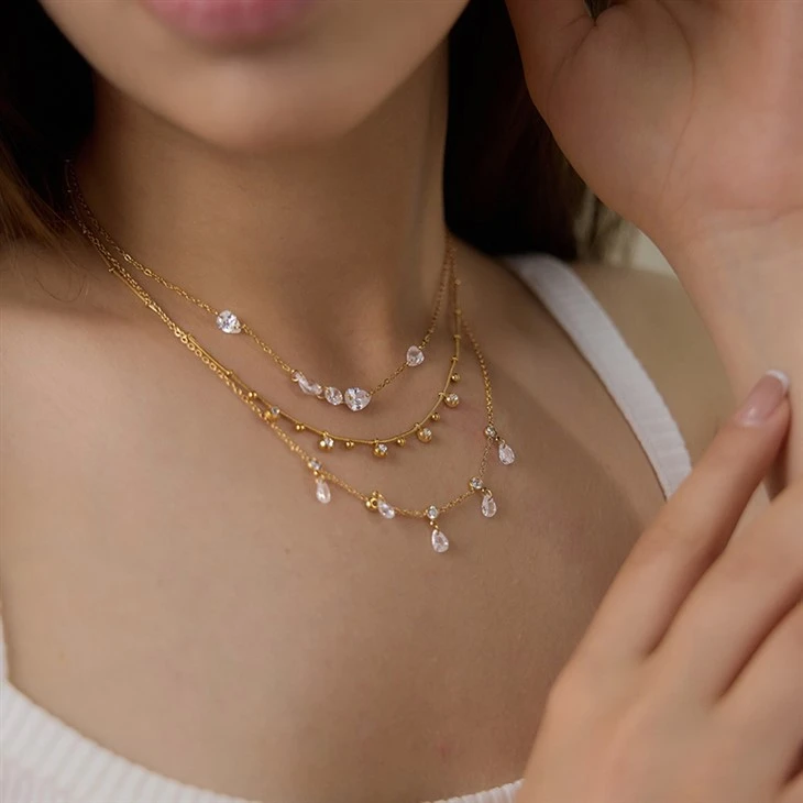Unique Teardrop CZ Drop Layered Necklace
